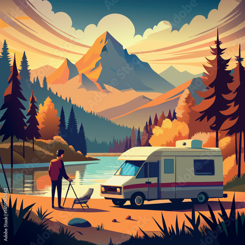 Man enjoys nature by a tranquil lake with a camper in colorful mountains during autumn sunset Generative AI