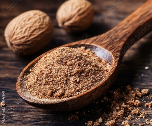 Dried ground nutmeg in a wooden spoon