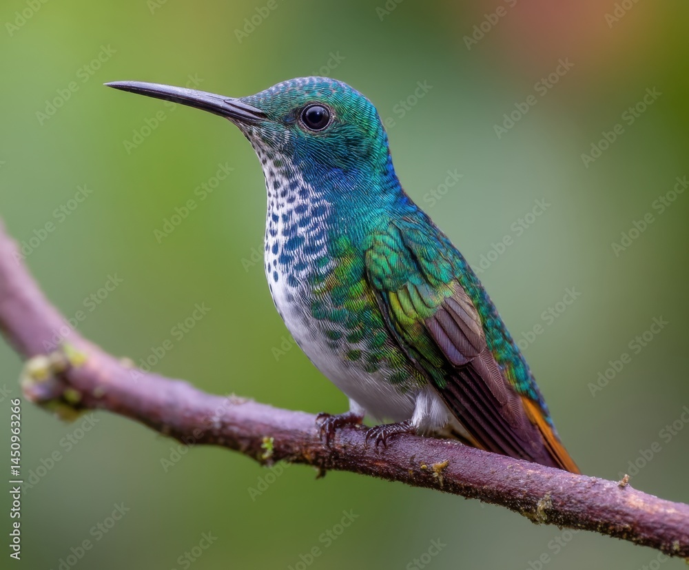 Fototapeta premium A female hummingbird, White-throated Jacobin, perched on a branch in a tropical forest, Florisuga mellivora