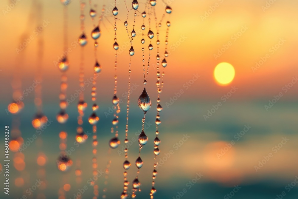 Obraz premium Sunrise dew drops clinging to a spiderweb, reflecting the warm golden light.