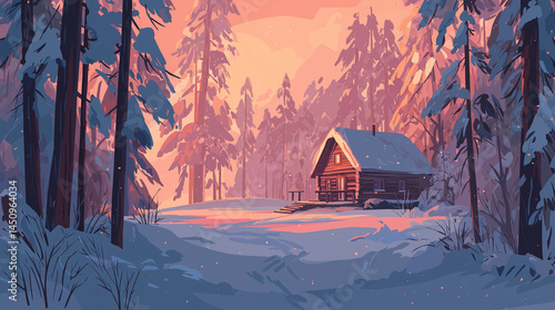 travel destination, cozy cabin in snowy forest, winter landscape, sunset light, minimalistic background,