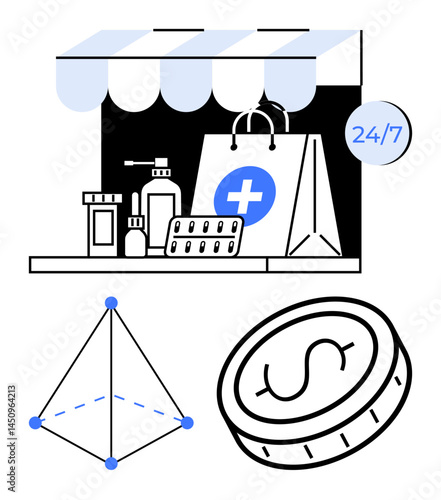 Pharmacy storefront with medicines, shopping bag, 247 badge geometric diagram, coin. Ideal for healthcare, digital market, online store, finance, accessibility e-commerce simple landing page