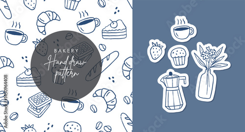 Hand draw breakfast doodles food. Crayon blue drawing style, Italian la dolce vita. Stickers