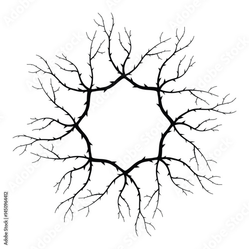 Frame of silhouettes of branches with thorns. Dangerous blackthorn bush. Hand drawn vector illustration. Witchcraft sign. Halloween decor.
