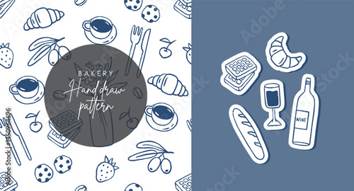 Hand draw breakfast doodles food. Crayon drawing style, Italian la dolce vita. Stickers, pattern