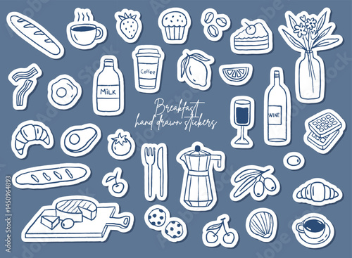 Hand draw breakfast doodles food. Crayon drawing style, Italian la dolce vita. Stickers