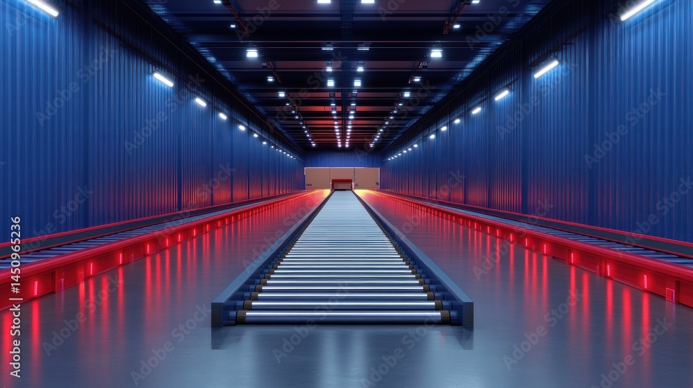 Fototapeta premium Empty roller conveyor in dark blue industrial warehouse