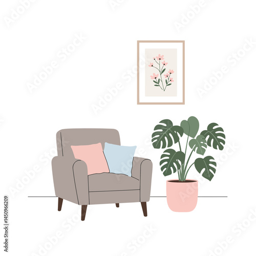 Armchair pillows plant interior design home decor floral art illustration living room scene design