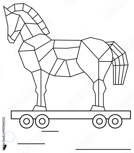 Abstract geometric horse atop wheeled platform, a nod to Trojan Horse metaphor. Ideal for strategy, deception, history, innovation, digital security, risk teamwork. Flat simple metaphor