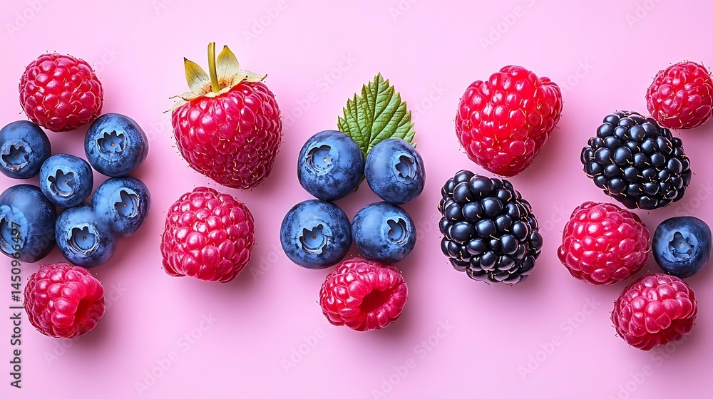 Fresh berries flatlay, pink background Fresh berries flatlay, pink background