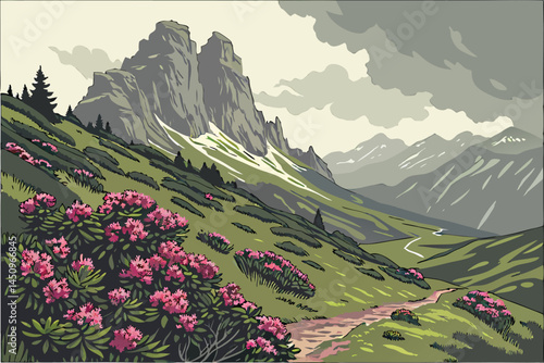23 Majestic mountain landscape, vibrant pink rhododendrons in foreground, lush green slopes, dramatic cloudy sky, rugged peaks, alpine meadow, high-resolution panorama, vivid colors, natural beauty, s