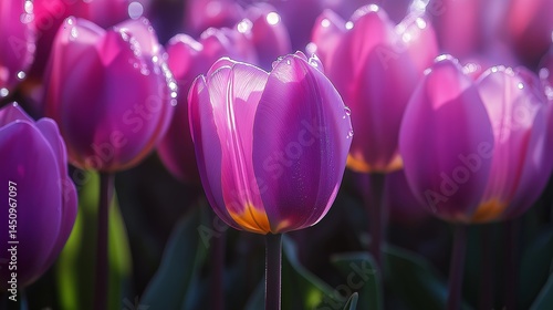 Vibrant Pink Tulips with Dewdrops in Morning Light – Close-Up of Fresh Spring Flowers in a Blooming Garden