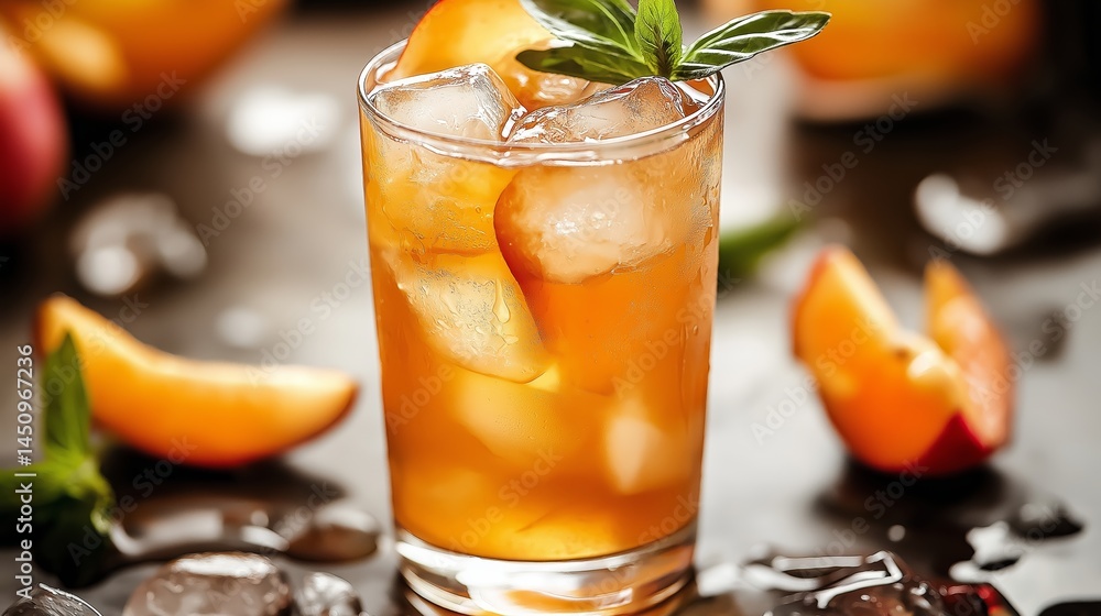 Refreshing Peach Iced Tea with Ice Cubes and Mint Garnish in a Glass – Cool Summer Drink with Fresh Fruit and Herbs Refreshing Peach Iced Tea with Ice Cubes and Mint Garnish in a Glass – Cool Summer Drink with Fresh Fruit and Herbs