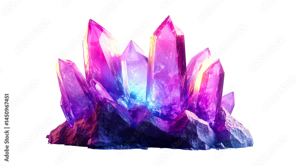 Cluster of vibrant pink crystals on rock formation, cut out transparent Cluster of vibrant pink crystals on rock formation, cut out transparent