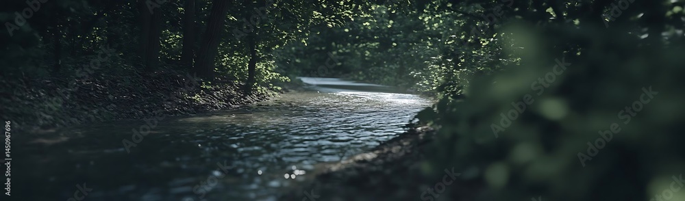 Fototapeta premium Forest stream flows, sunlit path. Nature
