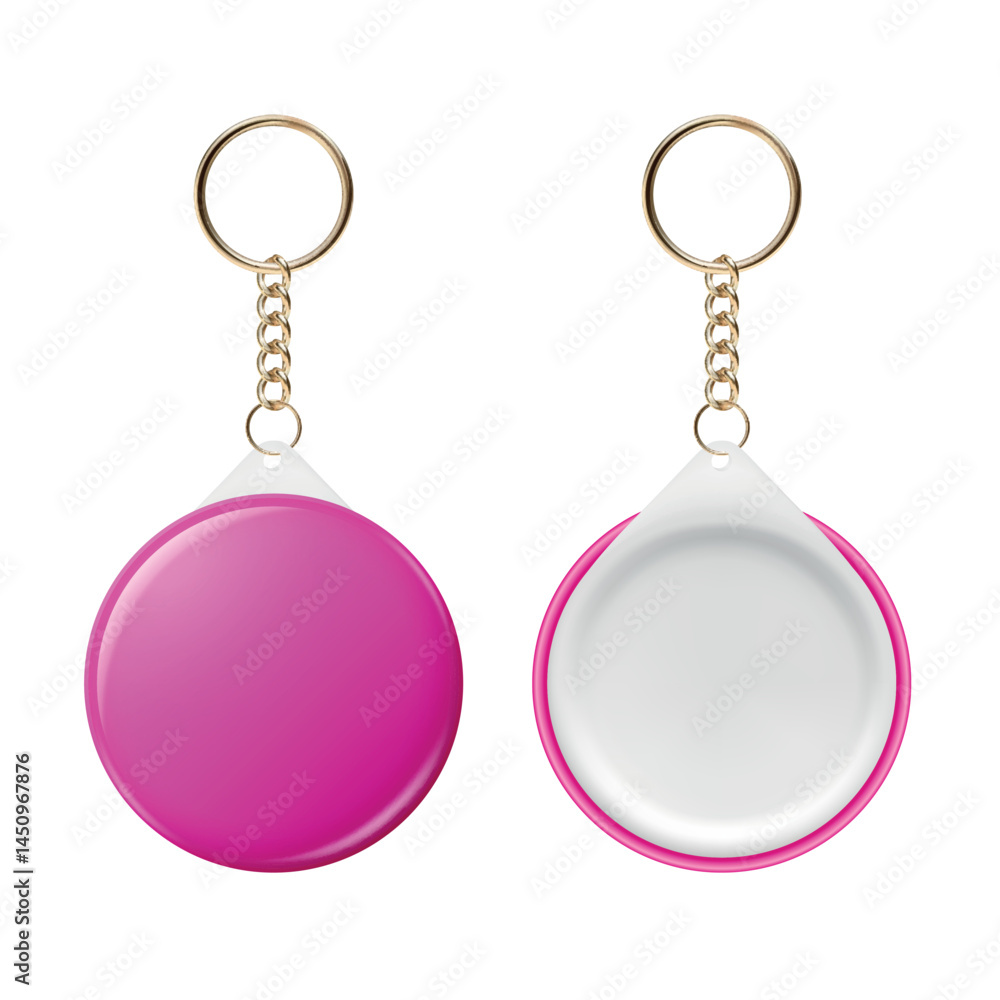 Vector 3d Realistic Round Keychain, Design Template for Printing, Mockup. Round Blank Keychain Design Element for Promo, Souvenir, Prints or Logos. ID Badge Vector Illustration, Front, Back Side View Vector 3d Realistic Round Keychain, Design Template for Printing, Mockup. Round Blank Keychain Design Element for Promo, Souvenir, Prints or Logos. ID Badge Vector Illustration, Front, Back Side View
