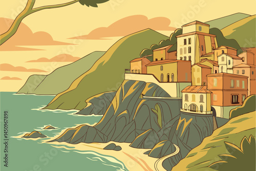 24 Coastal Italian village, Cinque Terre, colorful pastel houses, steep cliffs, Mediterranean Sea, lush green hillsides, sunlit architecture, dramatic landscape, tranquil waters, golden hour lighting,