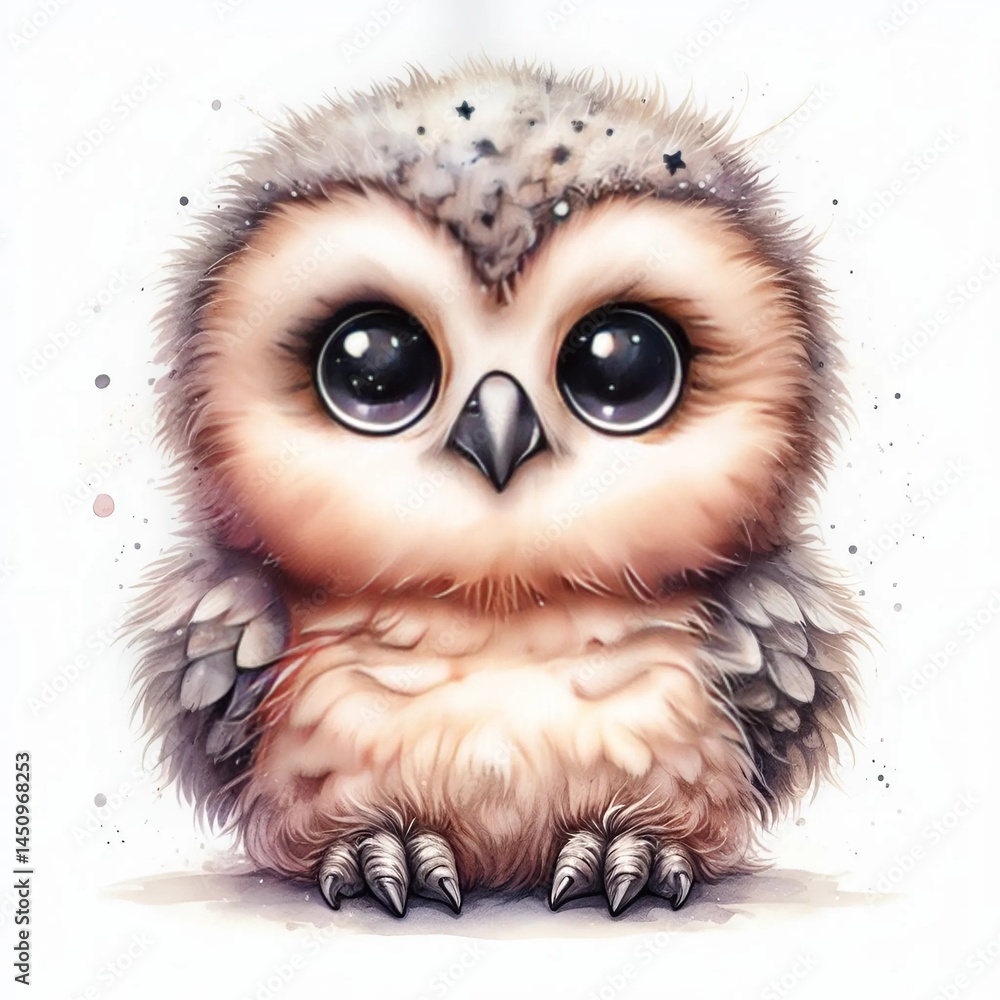 Cute watercolor baby magic owl in a magical forest, rainbow in background, soft pastel colors, dreamy atmosphere Cute watercolor baby magic owl in a magical forest, rainbow in background, soft pastel colors, dreamy atmosphere