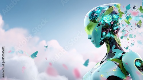 Futuristic cyborg with nature elements, floating in sky
