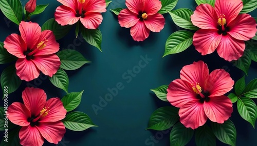 Vibrant hibiscus blossoms, lush green leaves, repeating floral pattern , flowers, botany, illustration