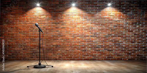 A microphone stands alone on a black base, awaiting a comedian. The brick wall backdrop is tastefully lit, highlighting the inviting atmosphere of the performance space