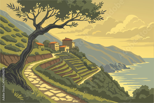 25 Cinque Terre coastal village, Italian Riviera panorama, terraced hillsides, lush Mediterranean vegetation, winding stone pathway, rustic houses with terracotta roofs, ancient olive tree, dramatic s