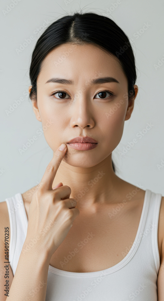 Asian Woman with Finger on Lip: Portrait, Skincare, Beauty, Focus, Health, Self-Care, Thoughtful, Skin Asian Woman with Finger on Lip: Portrait, Skincare, Beauty, Focus, Health, Self-Care, Thoughtful, Skin