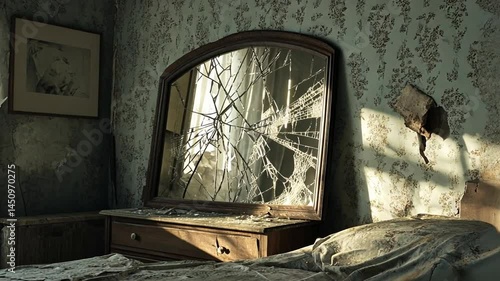 Shattered Reflections: A haunting image of an abandoned room with a broken mirror.