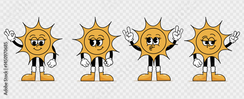 Retro sun cartoon characters. Cute symbols, mascot with faces, different poses of arms and legs. Playful cheeky happy sun in trendy retro comic style. World Sun Day. International Day of the Solstice