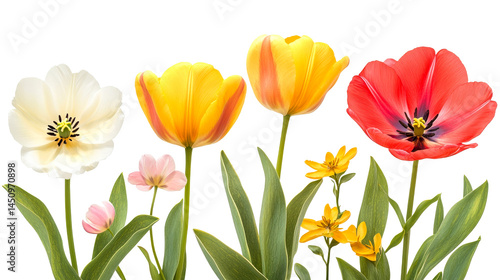 Wallpaper Mural Various multicolored tulips with leaves, diverse floral arrangement, cut out transparent Torontodigital.ca