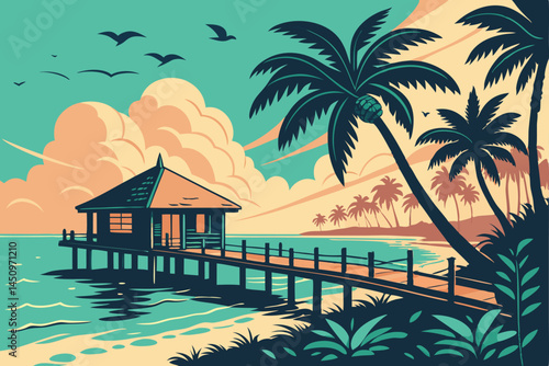 26 Tropical paradise, overwater bungalow, wooden pier, sunset sky, vibrant clouds, turquoise ocean, palm trees, warm glowing lights, Maldives resort, romantic getaway, panoramic view, serene atmospher