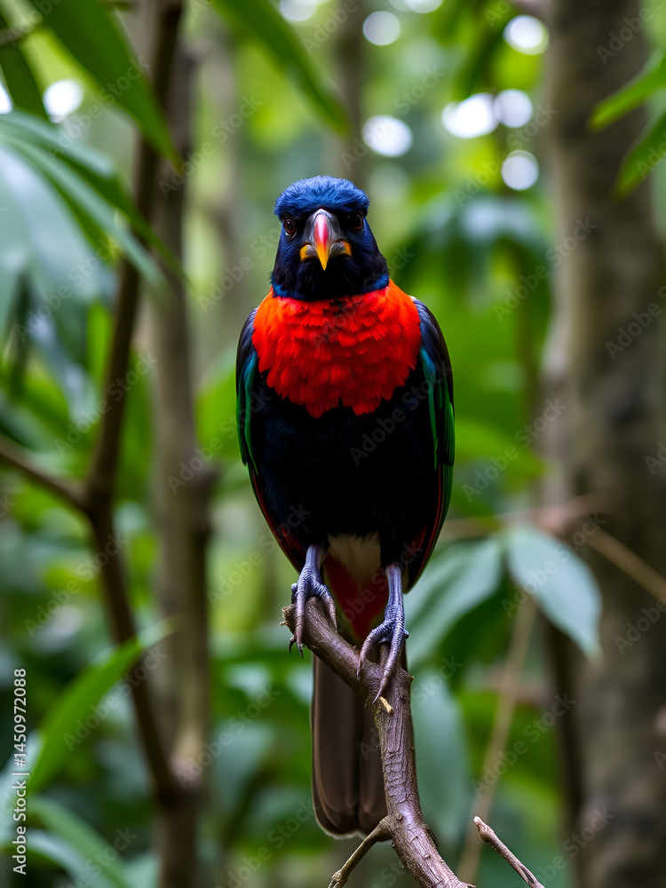 Obraz premium Front view of male violaceous trogon perched in tropical forest