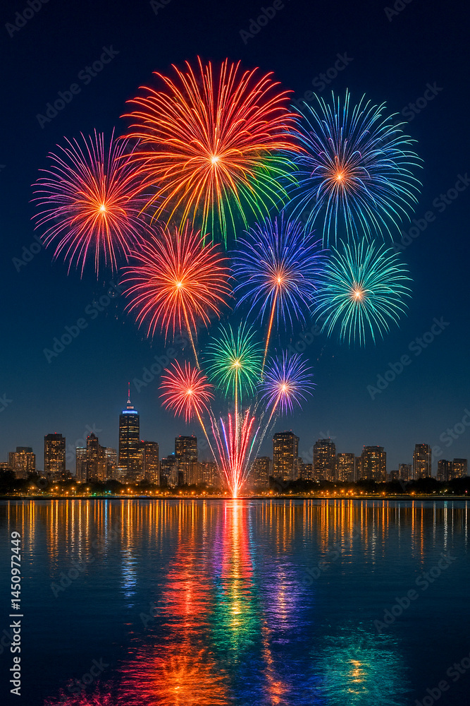 Obraz premium Colorful Fireworks Over American City Skyline Reflecting on Water