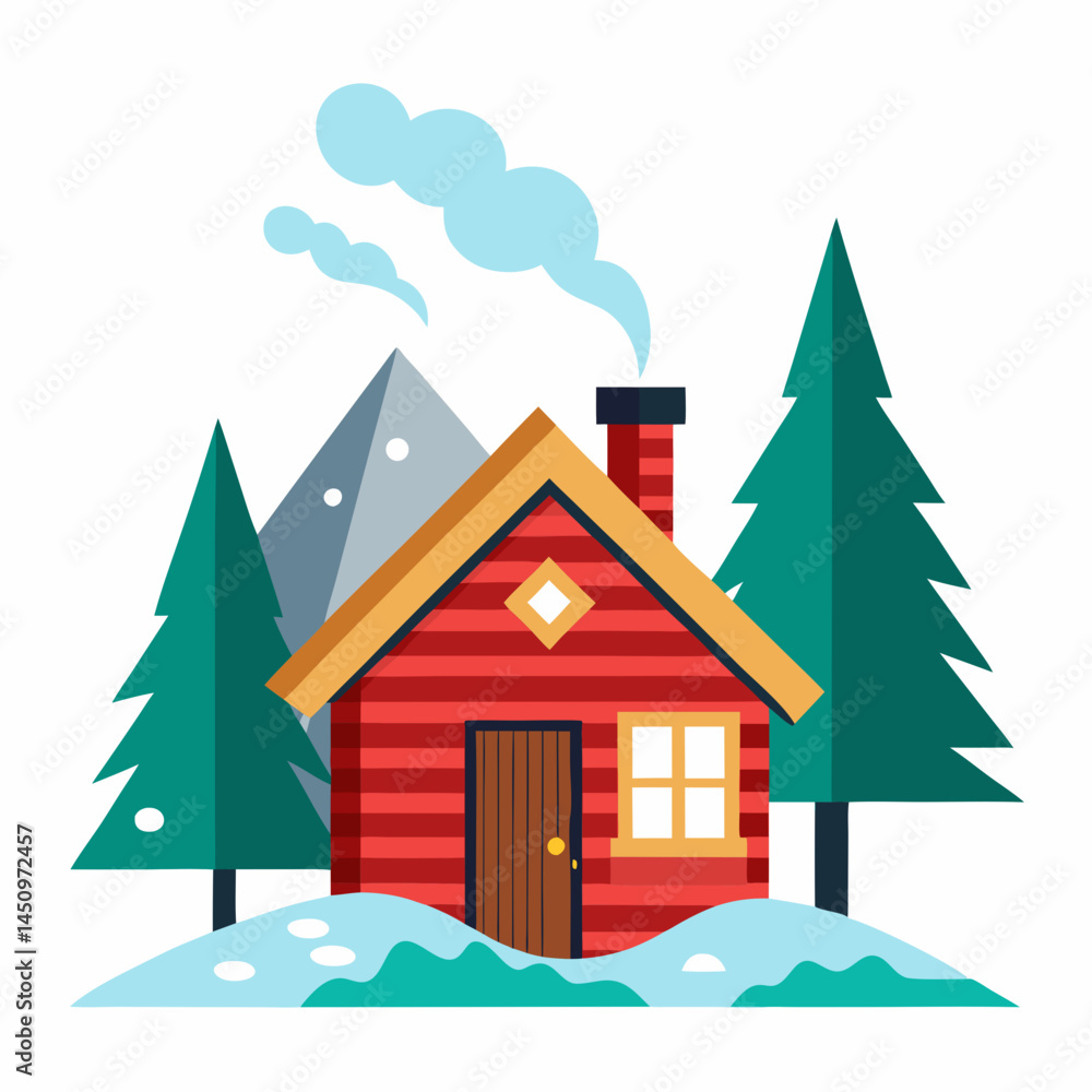 Snowy Cabin Vector with Chimney Smoke on White Snowy Cabin Vector with Chimney Smoke on White