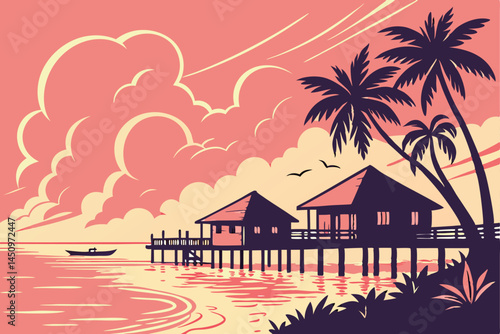 27 Overwater bungalows, Maldives resort, vibrant sunset sky, pink and orange clouds, calm ocean reflections, tropical paradise, panoramic view, tranquil waters, silhouette of huts, dramatic cloudscape