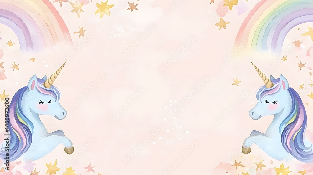 Obraz premium Adorable Watercolor Unicorns Rainbow Stars Background