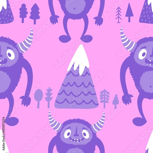 Winter monsters seamless Christmas yeti pattern for wrapping paper and fabrics