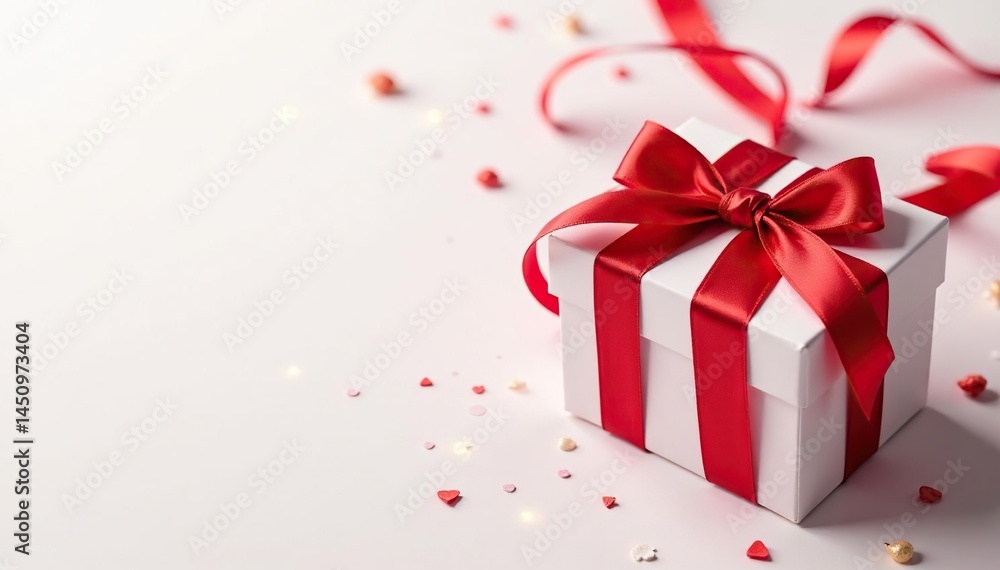 Elegant red ribbon gift box pattern on white background, anniversary, seasonal, tile Elegant red ribbon gift box pattern on white background, anniversary, seasonal, tile