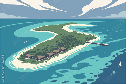 31 Tropical paradise, split-level underwater and above water view, vibrant coral reef, colorful tropical fish, crystal clear turquoise water, lush green island, jagged mountain peaks, fluffy white clo