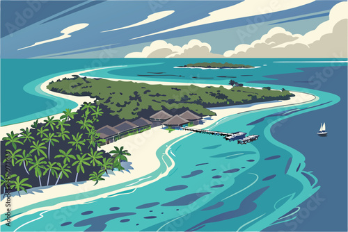29 Tropical paradise island, aerial view, turquoise lagoon, coral reef, overwater bungalows, pristine beach, lush vegetation, deep blue ocean, wispy clouds, panoramic landscape, crystal clear water, M