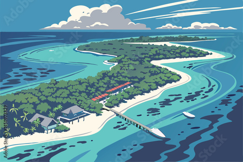 29 Tropical paradise island, aerial view, turquoise lagoon, coral reef, overwater bungalows, pristine beach, lush vegetation, deep blue ocean, wispy clouds, panoramic landscape, crystal clear water, M