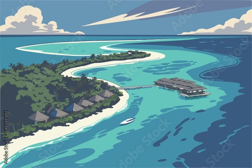 29 Tropical paradise island, aerial view, turquoise lagoon, coral reef, overwater bungalows, pristine beach, lush vegetation, deep blue ocean, wispy clouds, panoramic landscape, crystal clear water, M