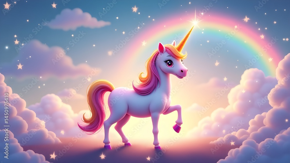 Fototapeta premium Magical unicorn with rainbow mane in dreamy, pastel fantasy landscape.