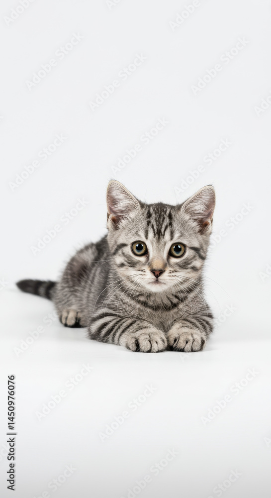 Fototapeta premium Silver Tabby Kitten Charm: Portrait of a Cute, Playful Feline Friend on White. Adorable Grey Striped Cat!