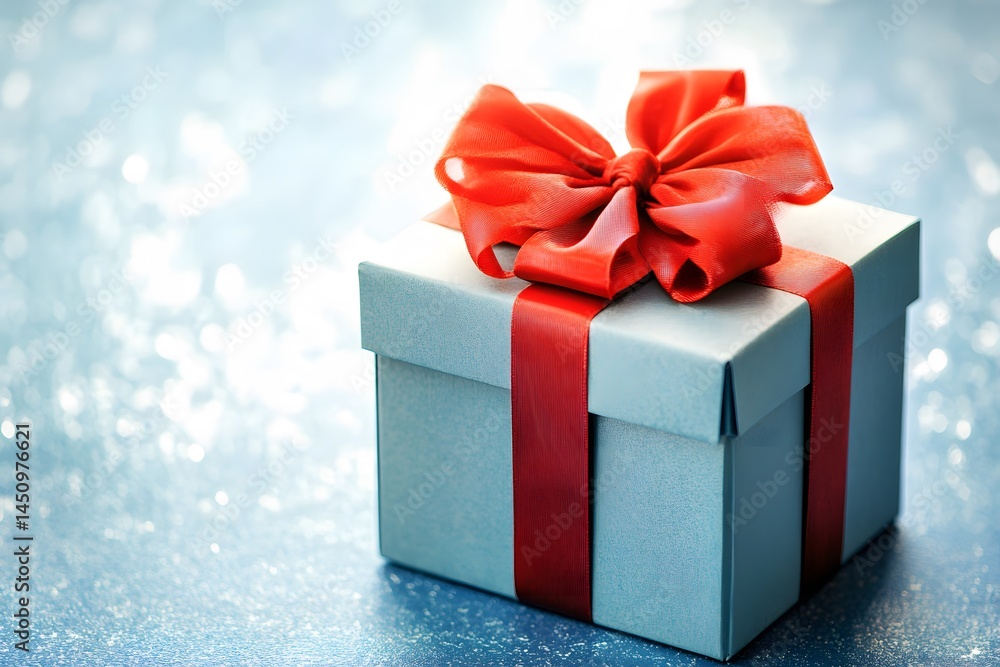 Elegant Gray Gift Box with Red Ribbon Bow Festive Present Elegant Gray Gift Box with Red Ribbon Bow Festive Present