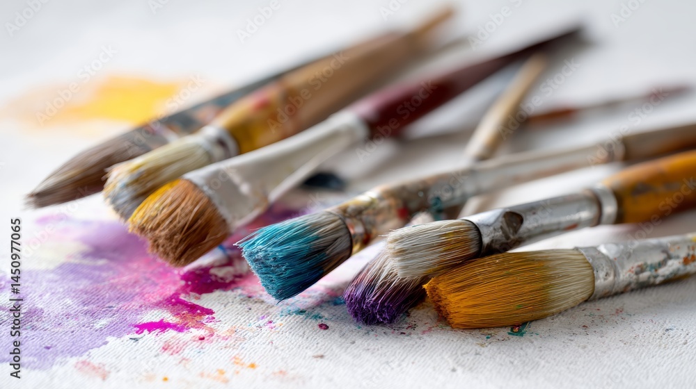Fototapeta premium Close-up of colorful stained paintbrushes scattered across artist canvas with vibrant paint splashes