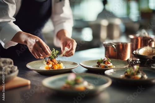 A chef carefully places herbs on gourmet plates in a stylish kitchen setting. The scene captures the precision and artistry involved in preparing exquisite dishes for diners.