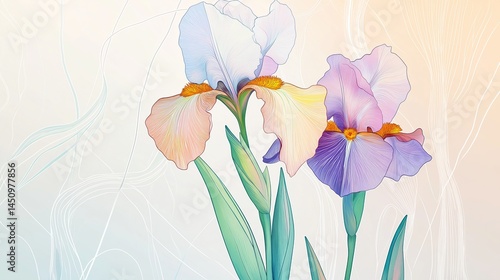 Delicate Watercolor Iris Flowers with Soft Pastel Petals on Light Gradient Background – Elegant Floral Botanical Illustration