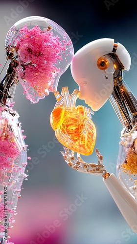 Robots sharing glowing heart, one filled with sakura, against blurry backdrop