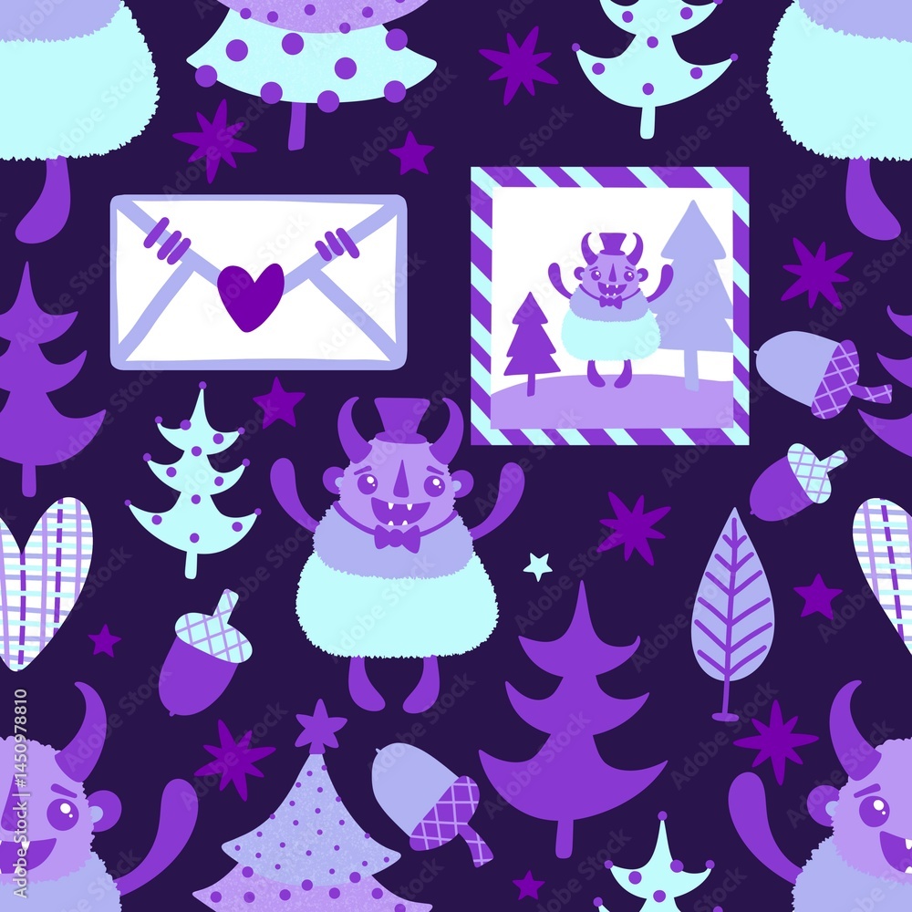 Fototapeta premium Winter monsters seamless Christmas yeti pattern for wrapping paper and fabrics